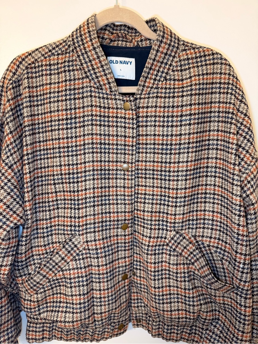 Old Navy Houndstooth Bomber Jacket in Brown, Black, Cream